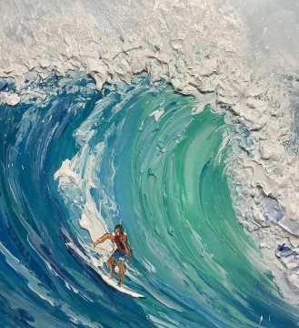 印象派 Painting - サーフィン スポーツ Blue Waves by Palette Knife の詳細